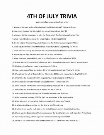 Downloadbar og printbar liste over 4. juli trivia som jpg eller pdf